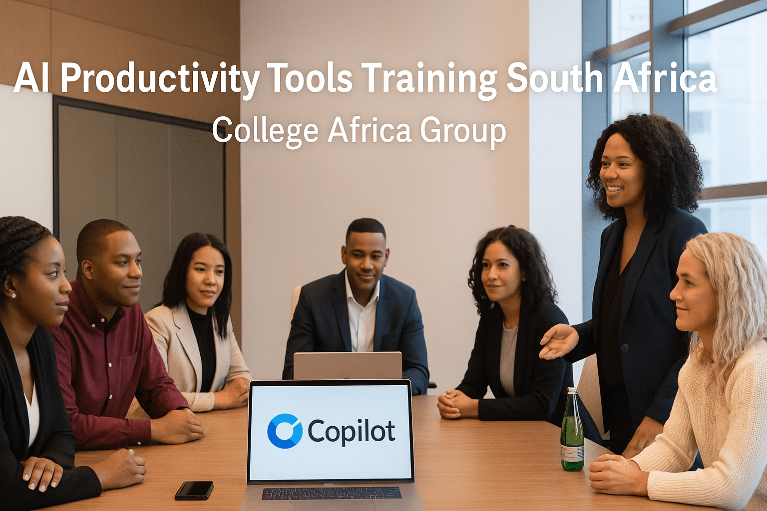 AI Productivity Tools Training South Africa delivered by College Africa Group, showing a diverse corporate team learning to use Microsoft Copilot and ChatGPT for workplace productivity.