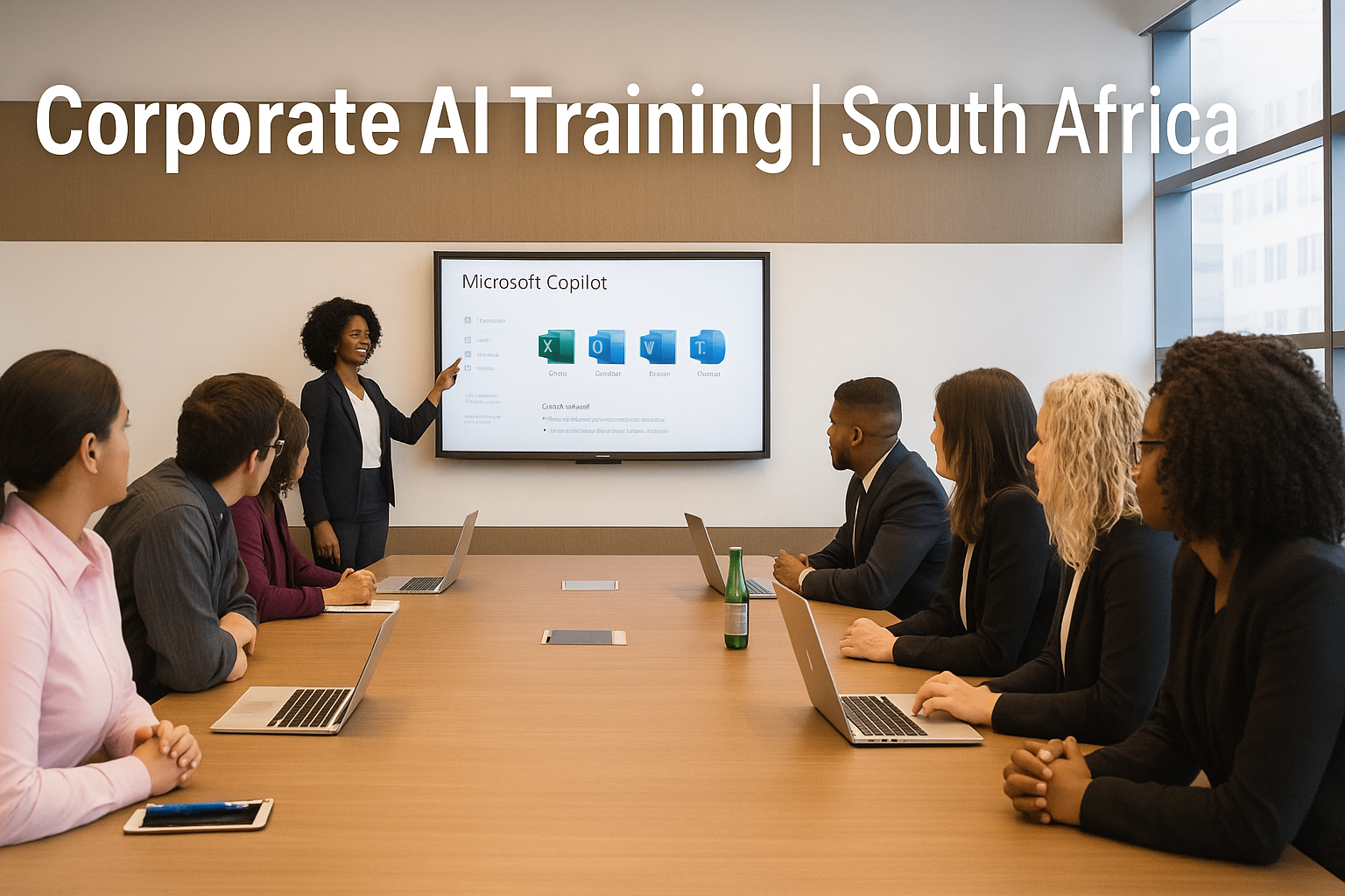 Microsoft Copilot Training South Africa delivered by College Africa Group, showing a South African corporate team learning Copilot tools for Excel, Outlook, Word and Teams.