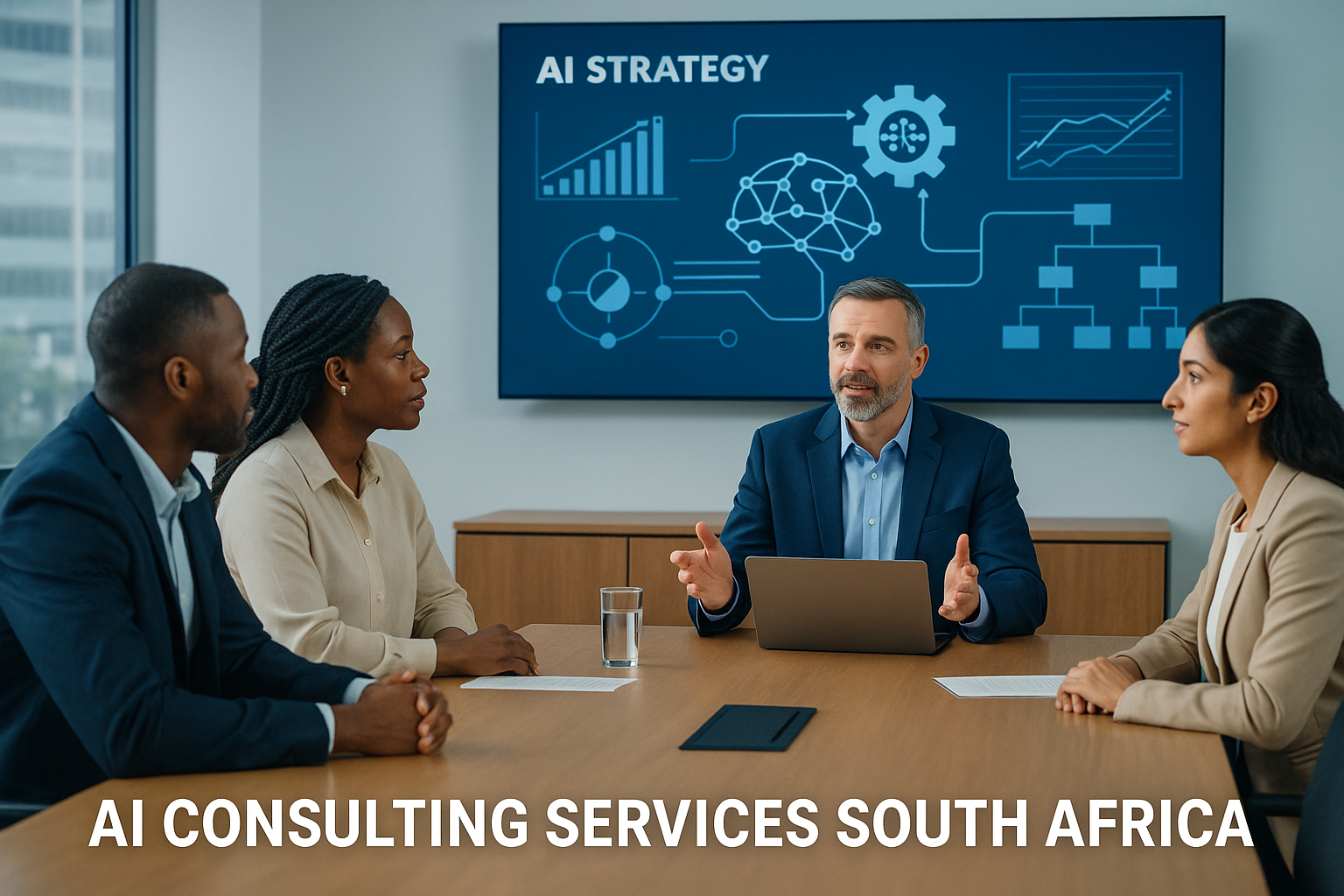 AI Consulting Services South Africa team meeting with digital workflow and strategy screen – College Africa Group