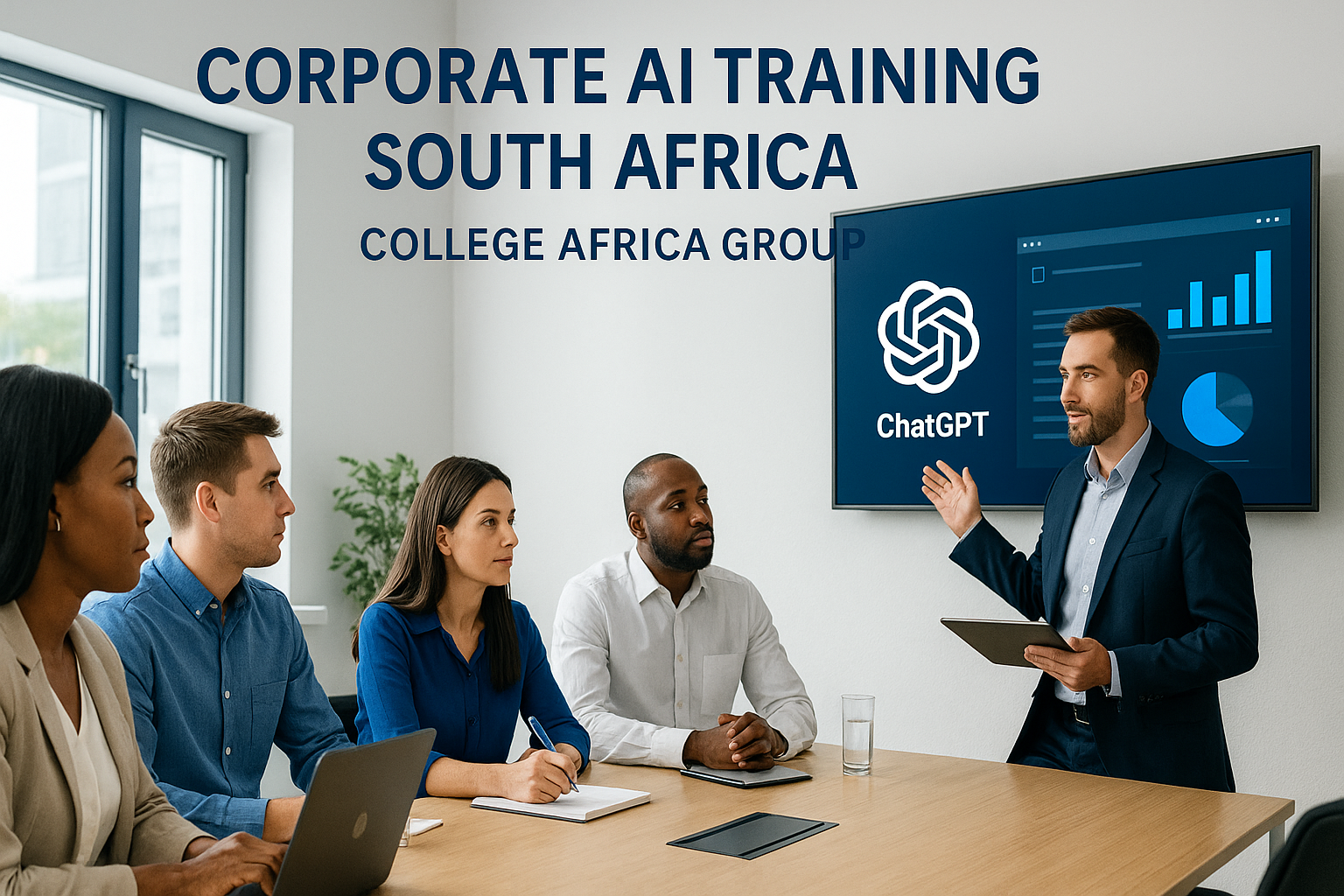 Corporate team in South Africa receiving AI training from College Africa Group using ChatGPT, Microsoft Copilot and AI productivity tools.