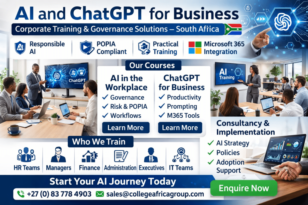 AI and ChatGPT for business training in South Africa showing corporate teams learning responsible AI and Microsoft 365 integration