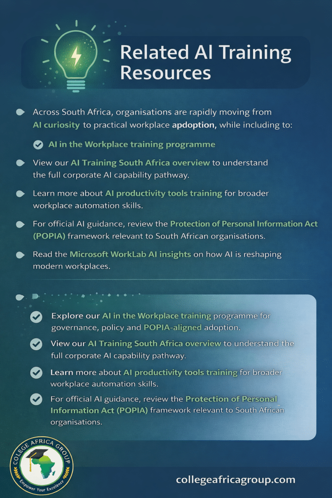 Related AI training resources overview for ChatGPT for Business course South Africa by College Africa Group