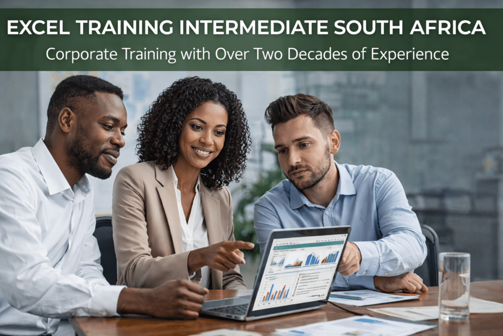 Excel training intermediate course in South Africa showing professionals working with formulas, data and reports in a corporate office