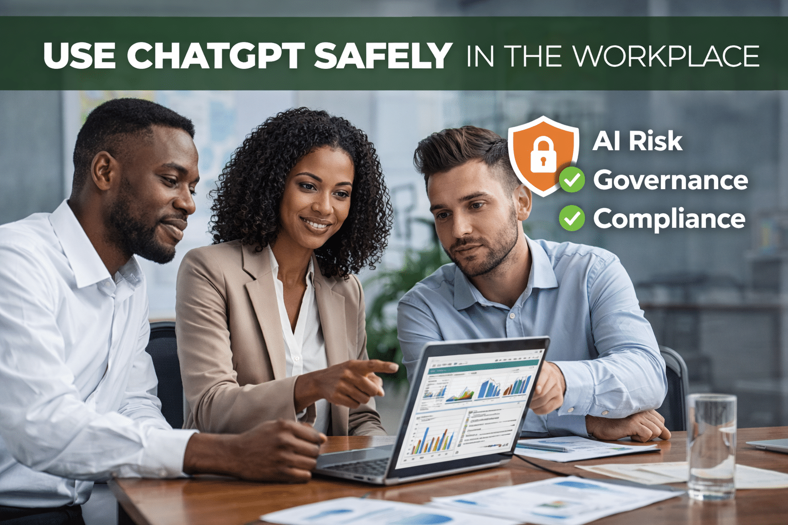 Use ChatGPT safely in the workplace South Africa – corporate team reviewing AI outputs with focus on governance, compliance and data security
