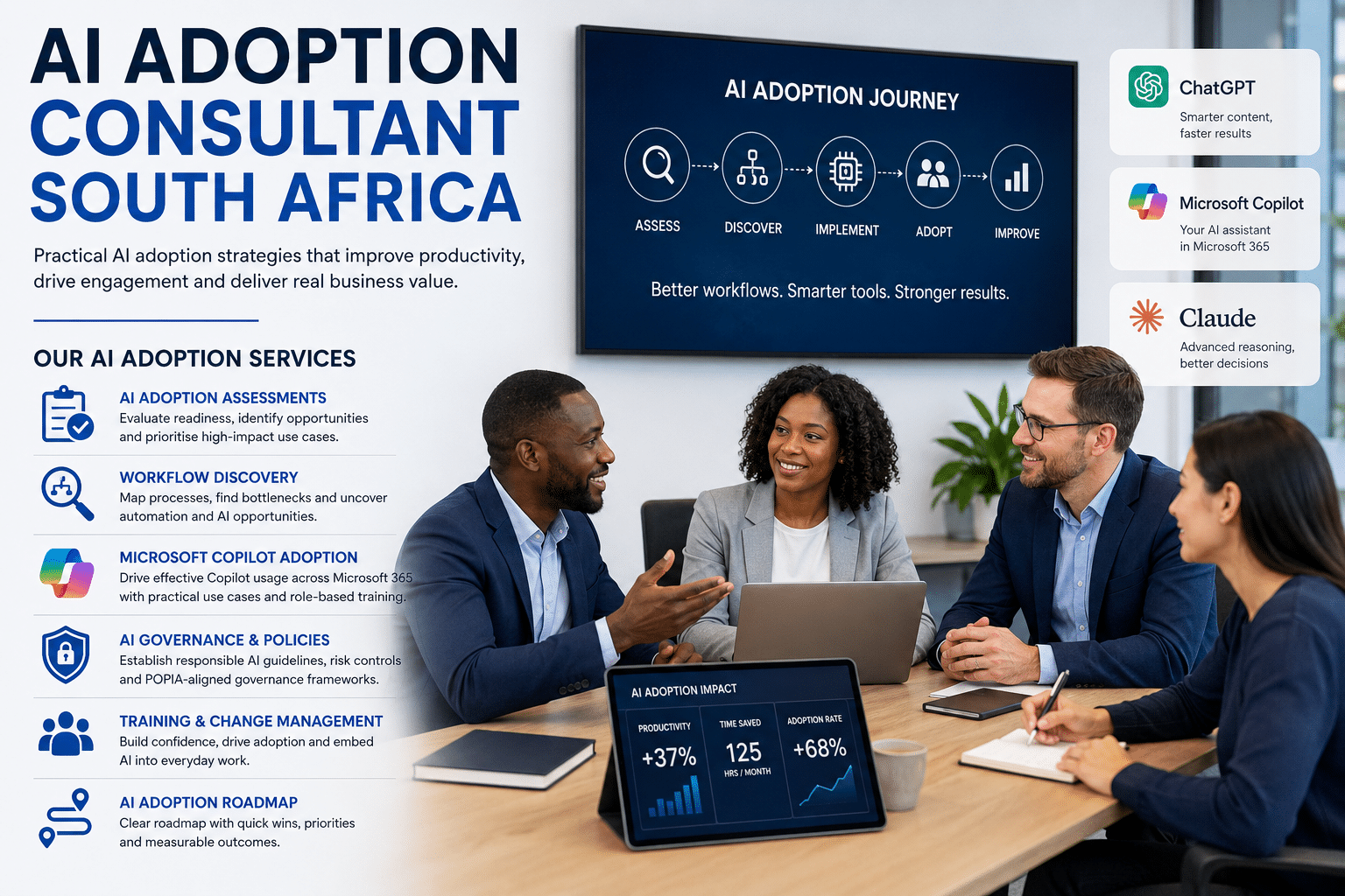 AI adoption consultant South Africa banner showing workplace AI assessment, workflow discovery, Microsoft Copilot adoption, ChatGPT, Claude, AI governance and productivity improvement.