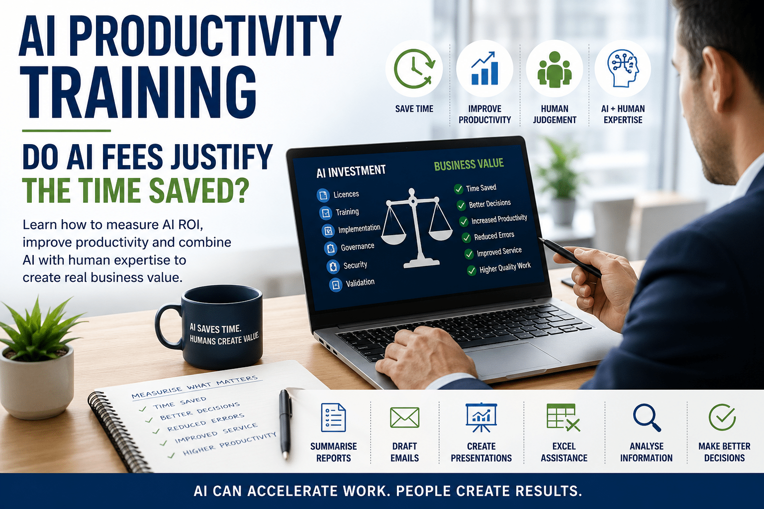 Business professional evaluating AI productivity, business value, ROI, time savings, and human judgement in the workplace using AI tools such as ChatGPT and Microsoft Copilot.