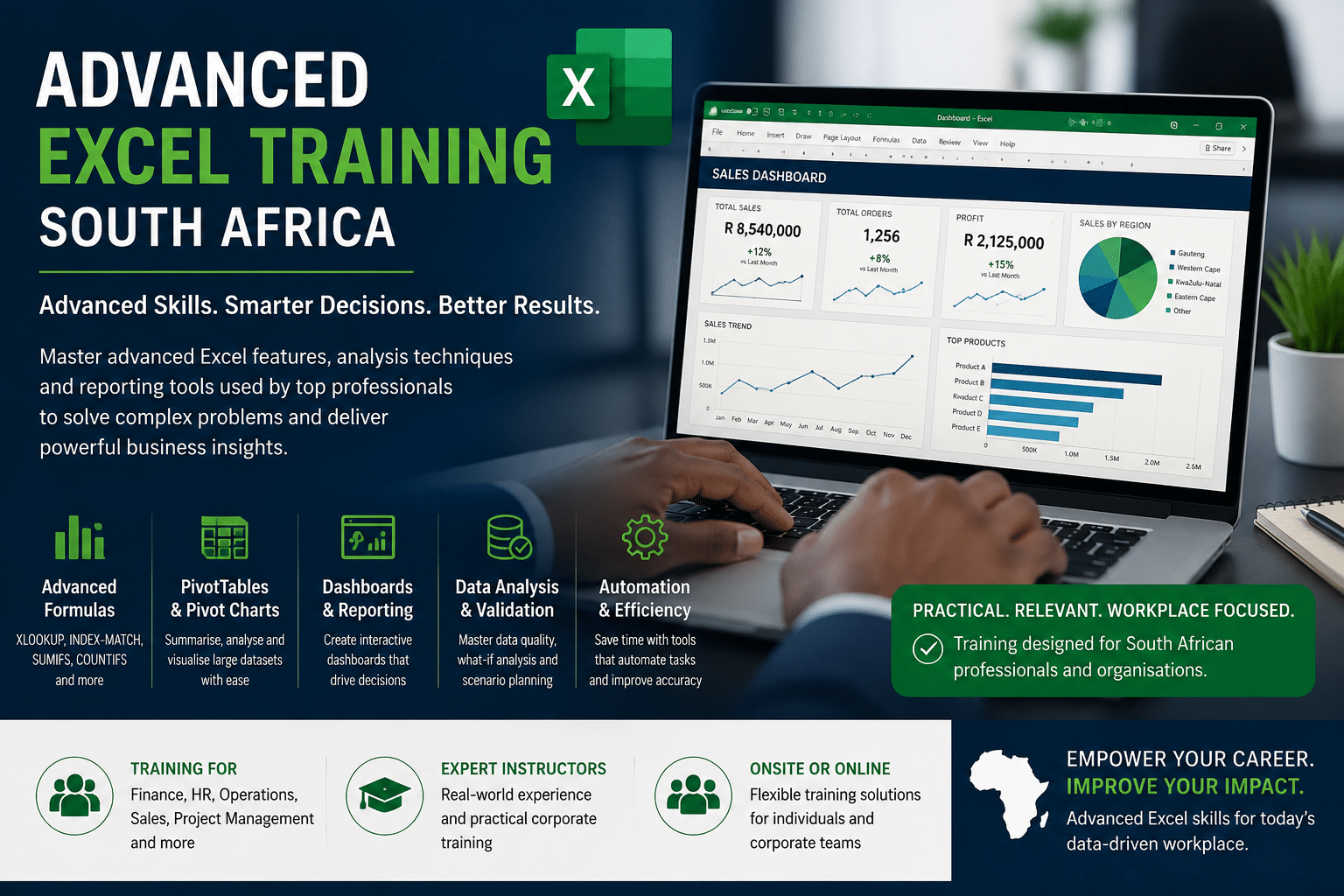 Advanced Excel Training South Africa showing dashboards PivotTables reporting and business data analysis in Microsoft Excel