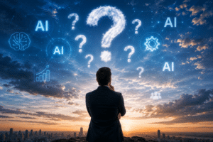 CEO looking at AI symbols and question marks in the sky while evaluating AI strategy, business productivity and executive decision-making.