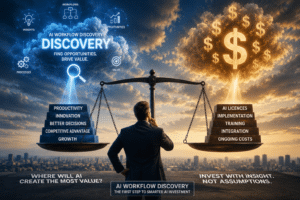 AI Workflow Discovery South Africa illustration showing a CEO weighing AI Workflow Discovery against AI costs and licences to identify where artificial intelligence will create the greatest business value.