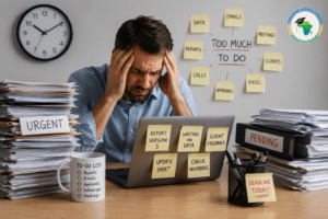Stressed office employee overwhelmed by paperwork illustrating workflow improvement challenges before AI adoption
