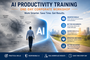 AI Productivity Training Professional moving from workplace information overload and repetitive tasks towards clarity and productivity with AI.