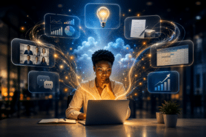 Practical AI training. Professional using AI for workplace productivity, data analysis, meetings, documents and business research.