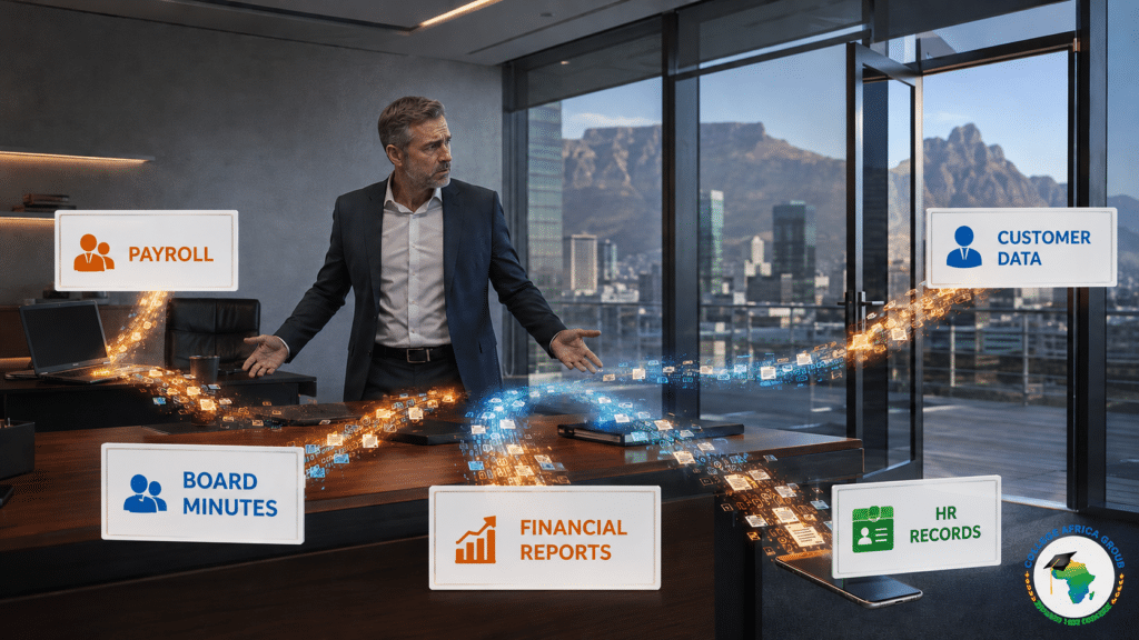 Puzzled CEO watching payroll, board minutes, financial reports, customer data and HR records leave the business through free AI tools.