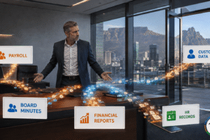 Puzzled CEO watching payroll, board minutes, financial reports, customer data and HR records leave the business through free AI tools.