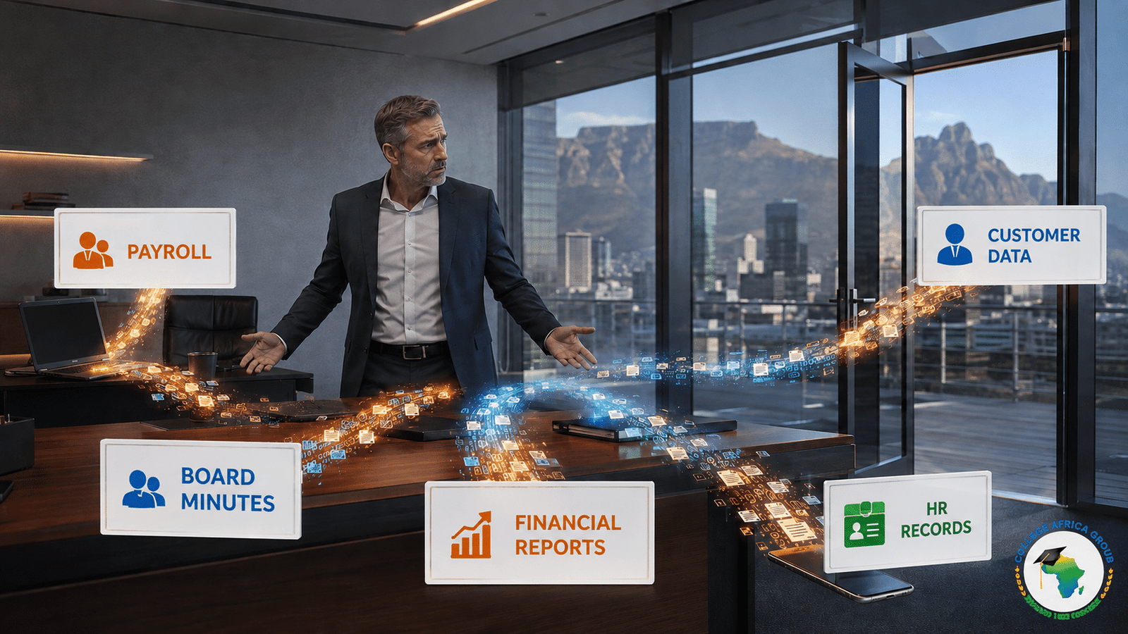 Puzzled CEO watching payroll, board minutes, financial reports, customer data and HR records leave the business through free AI tools.