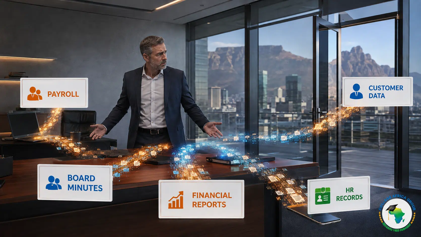 Puzzled CEO watching payroll, board minutes, financial reports, customer data and HR records leave the business through free AI tools.