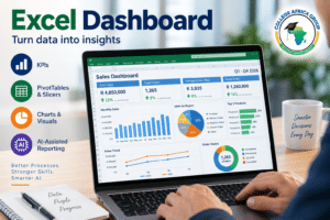 Excel Dashboard course showing KPIs, PivotTables, charts and AI-assisted reporting