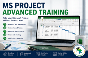 Alt Text: MS Project Advanced training course with Gantt charts, task management, variances 